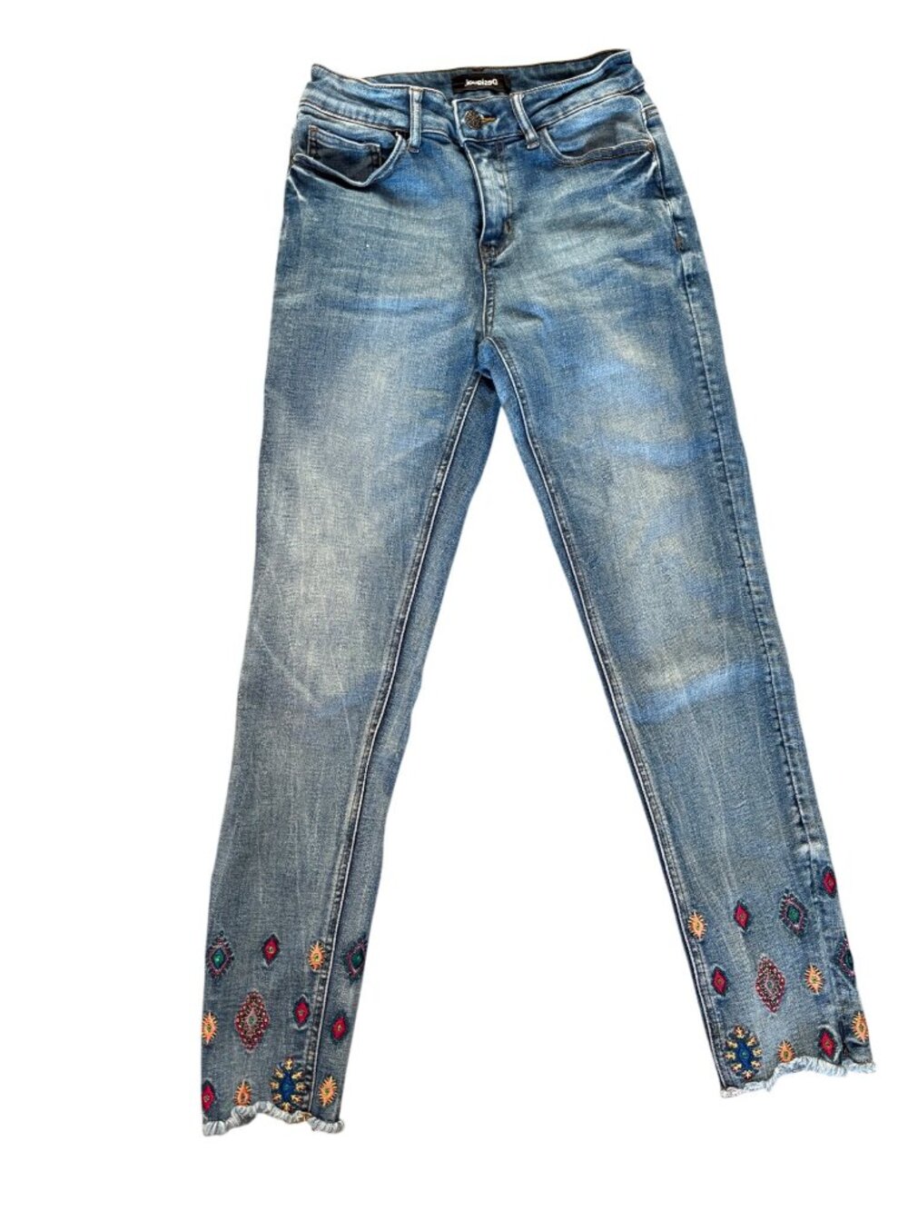 Desigual Womens Embroidered Jeans With Frayed Hem Size 36 Boho-Chic Style